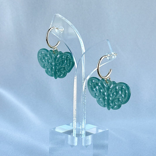 100788 Highly Translucent Bluish Green Butterfly Jade Earring