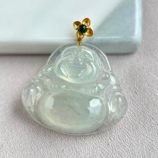 62188 Highly Translucent Colourless Laughing Buddha Jade Pendant