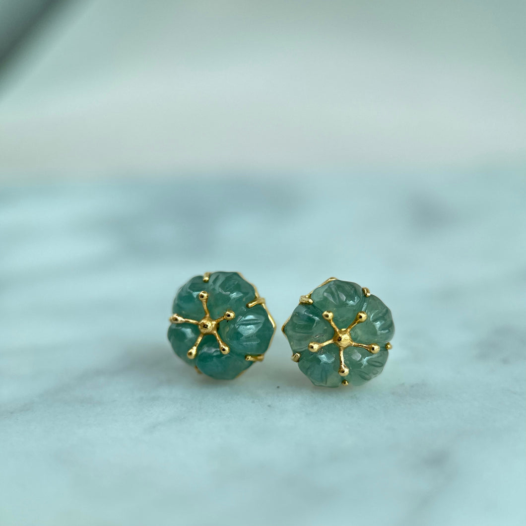 61489 Highly Translucent Bluish Green Jade Stud Earring with 22K Yellow Gold
