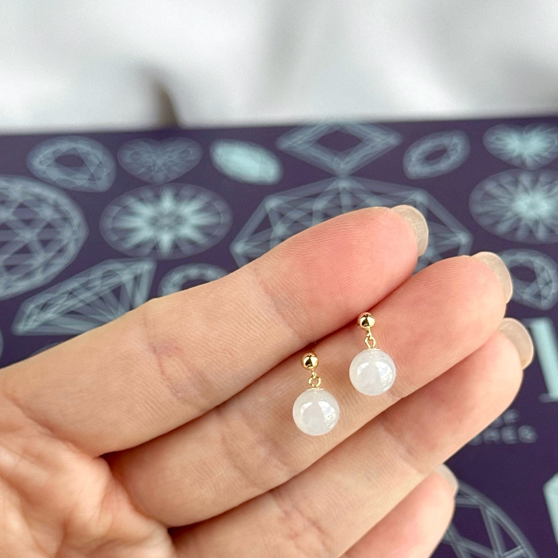 Icy White Jade Bead Earring with 18K Yellow Gold