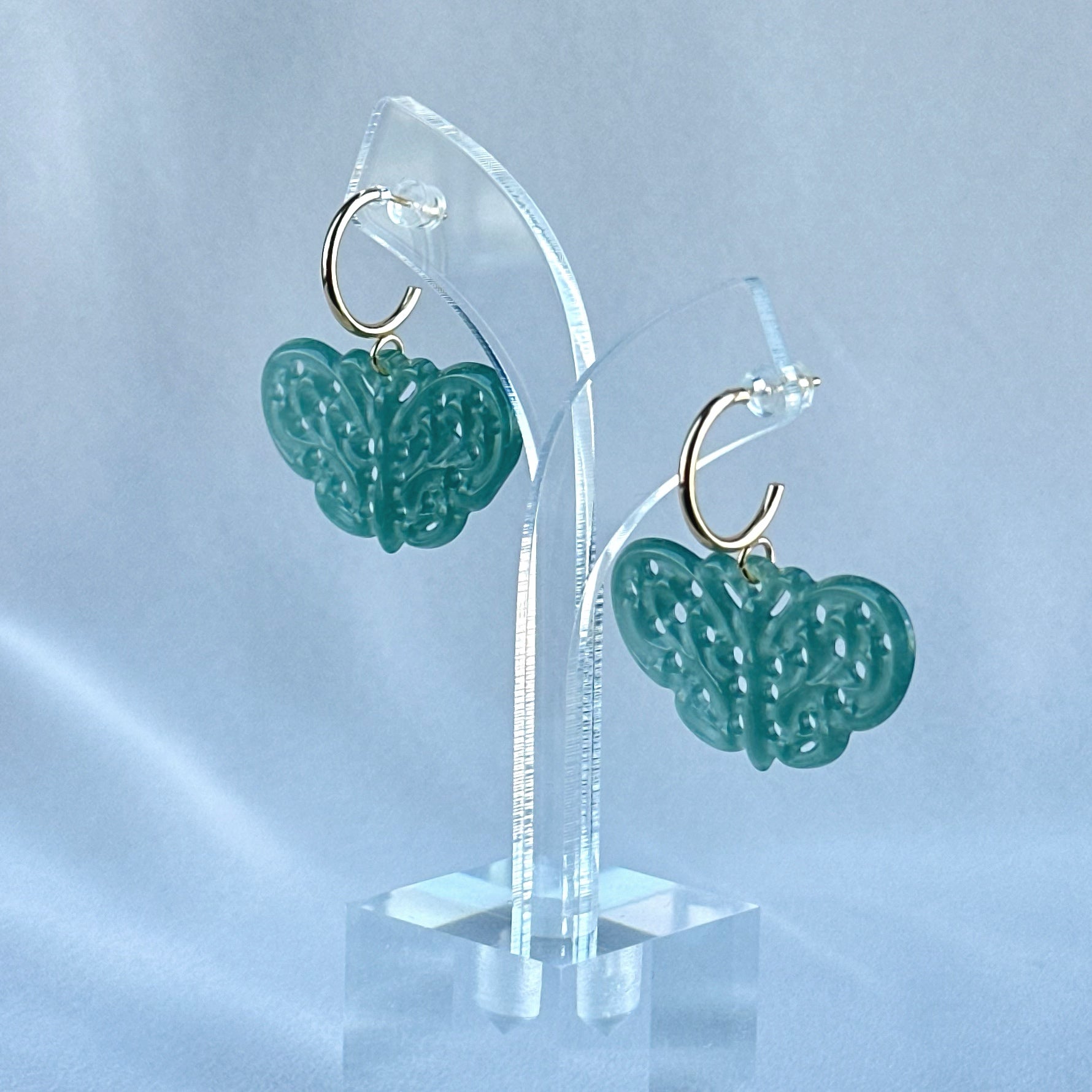 100788 Highly Translucent Bluish Green Butterfly Jade Earring