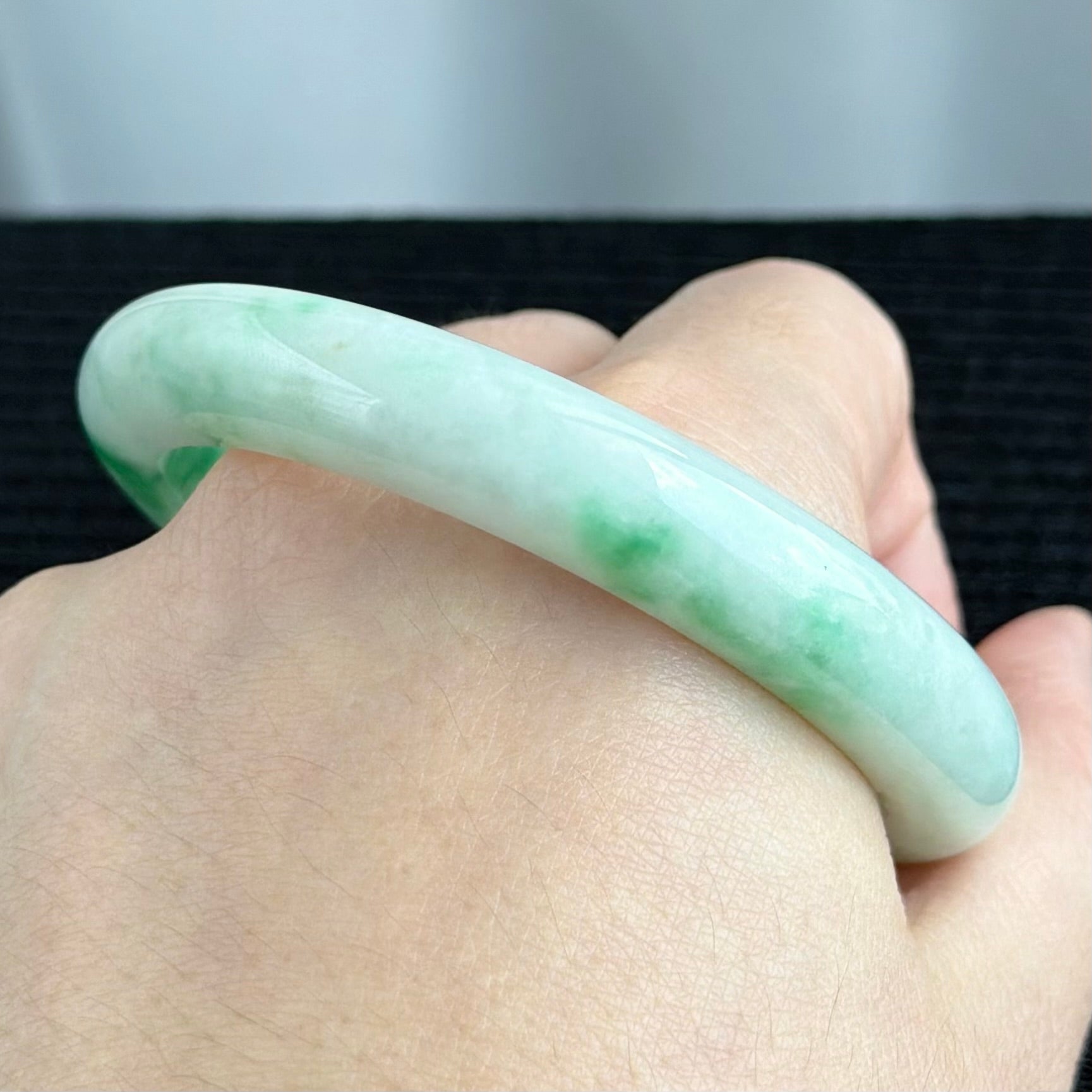 Emerald Mist over Snow 57.8mm Jadeite Bangle 雪里翠