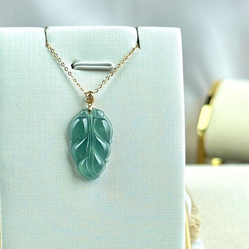 38933 Highly Translucent Bluish Green Jadeite Leaf Pendant