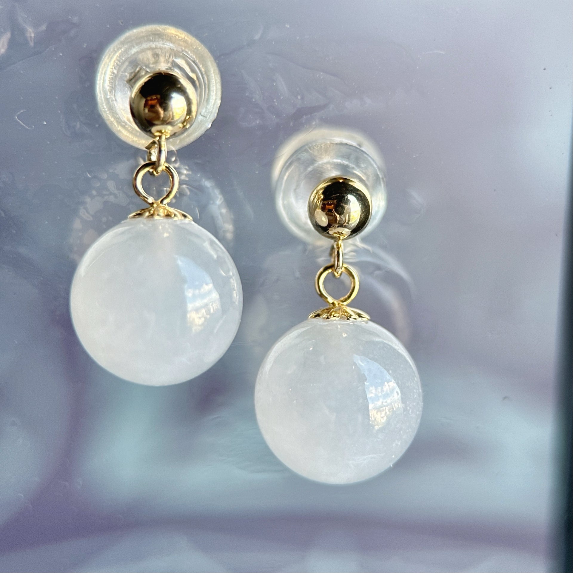Icy White Jade Bead Earring with 18K Yellow Gold
