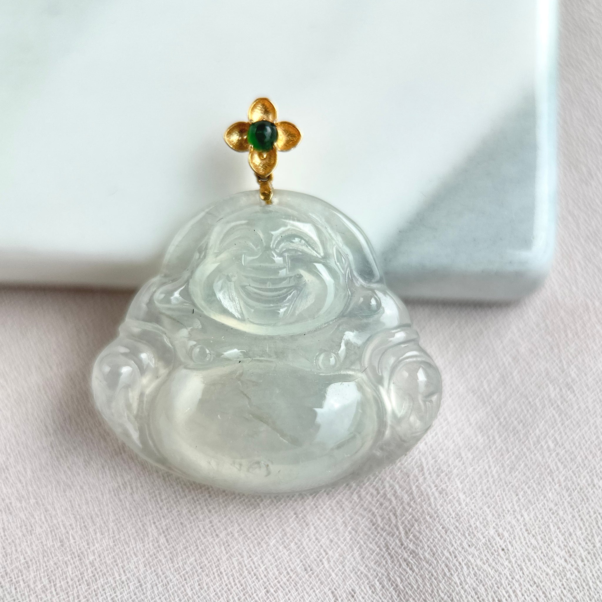 62188 Highly Translucent Colourless Laughing Buddha Jade Pendant Jadew Fine Jewellery