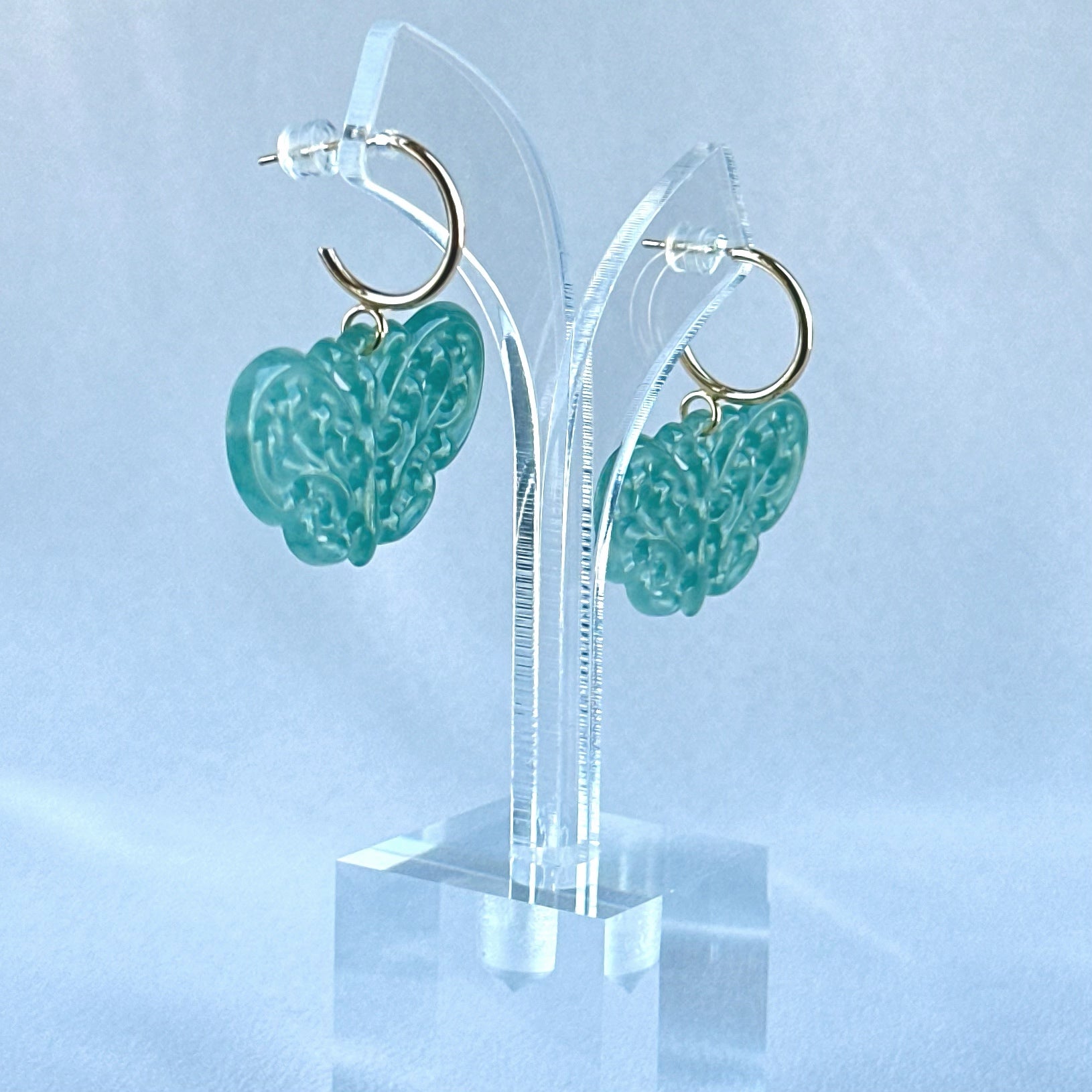 100788 Highly Translucent Bluish Green Butterfly Jade Earring