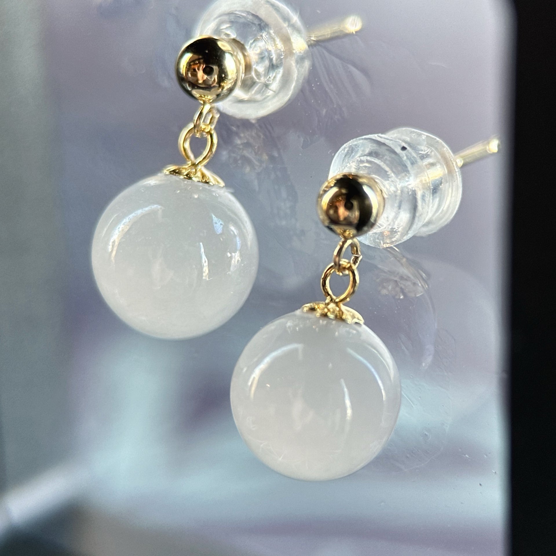 Icy White Jade Bead Earring with 18K Yellow Gold
