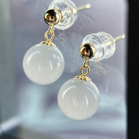Icy White Jade Bead Earring with 18K Yellow Gold