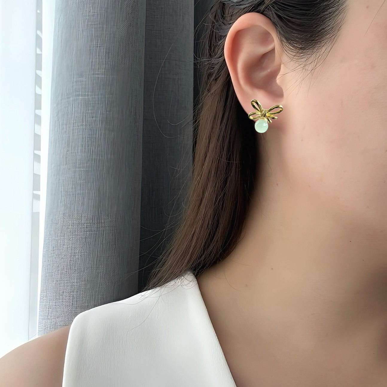 Highly Translucent Green Jadeite Stud Earring
