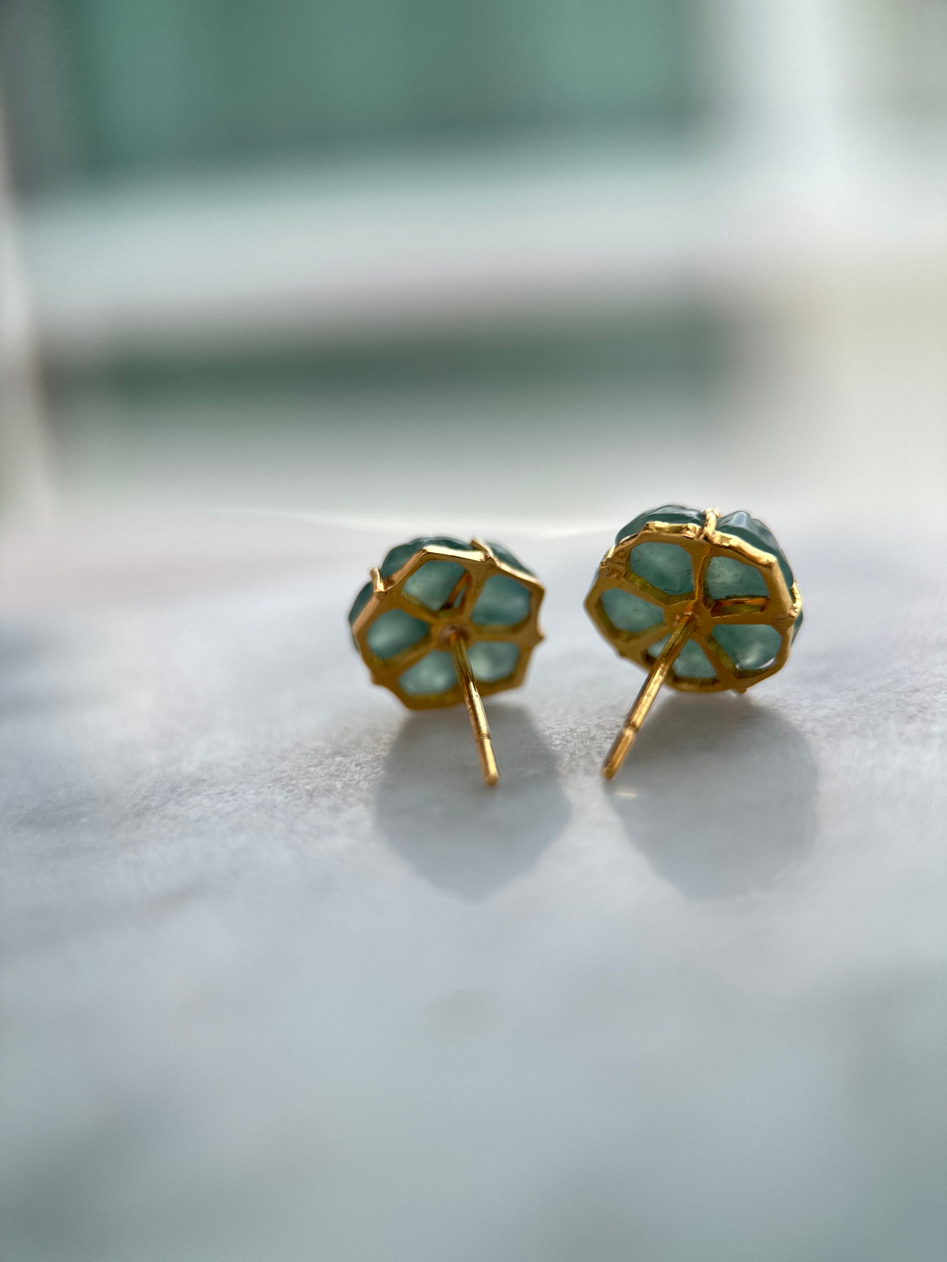 61489 Highly Translucent Bluish Green Jade Stud Earring with 22K Yellow Gold
