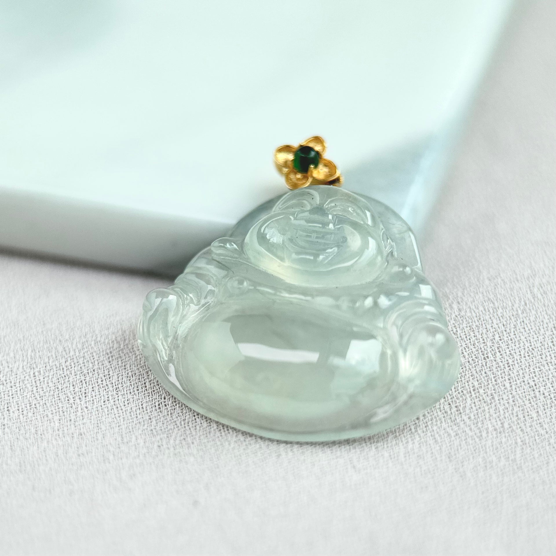 62188 Highly Translucent Colourless Laughing Buddha Jade Pendant