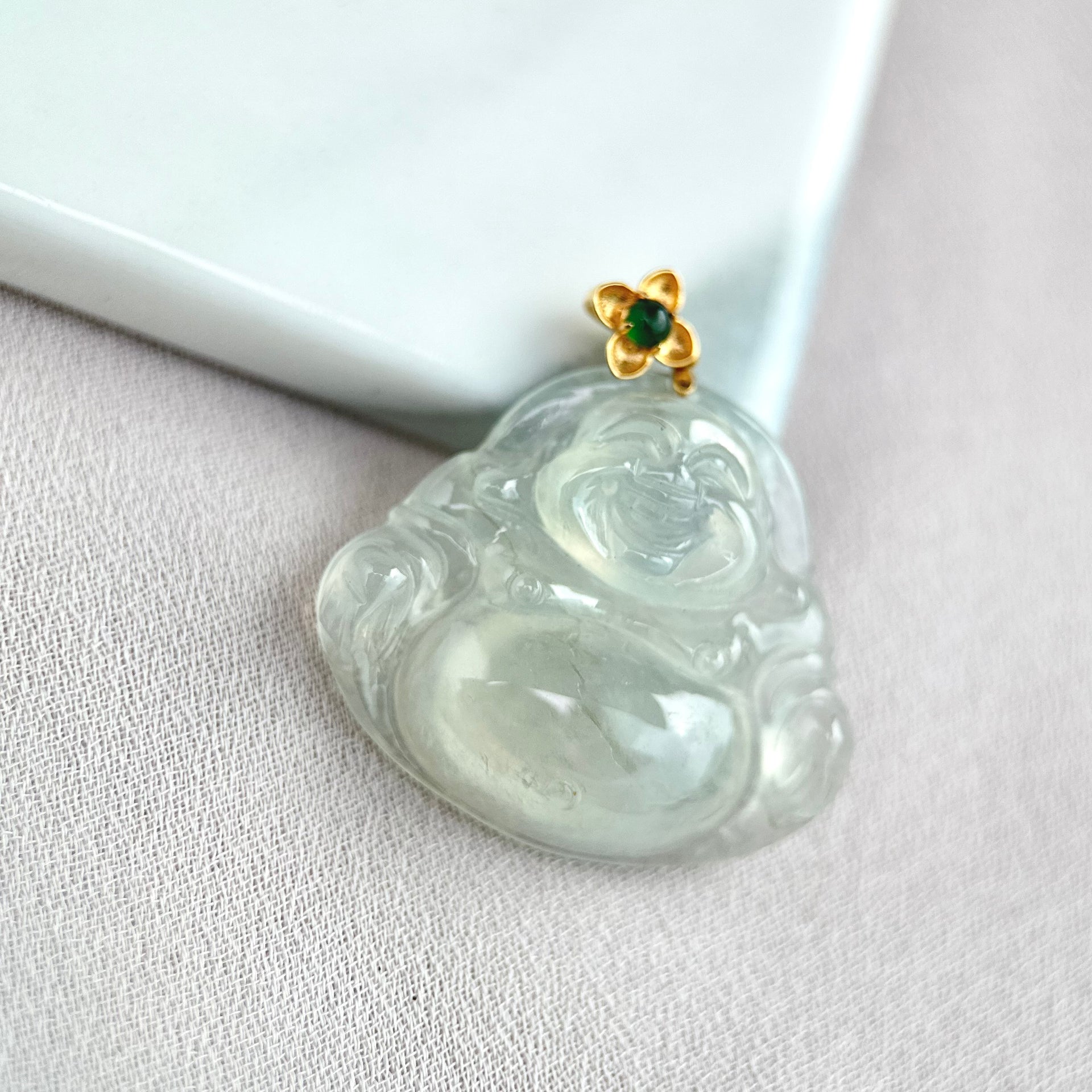 62188 Highly Translucent Colourless Laughing Buddha Jade Pendant