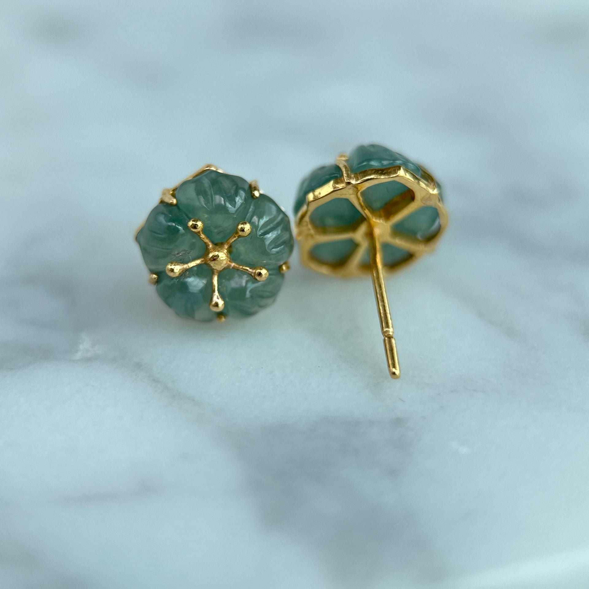 61489 Highly Translucent Bluish Green Jade Stud Earring with 22K Yellow Gold
