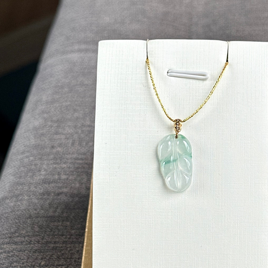 13192 Icy Petite Colourless with Green Florals Jadeite Leaf Pendant