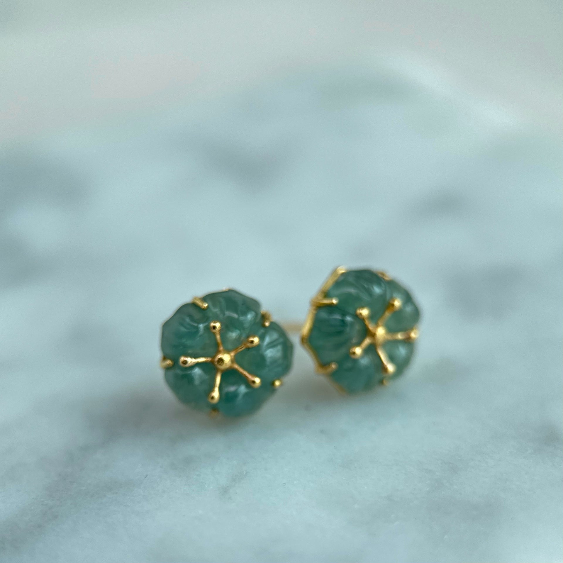 61489 Highly Translucent Bluish Green Jade Stud Earring with 22K Yellow Gold