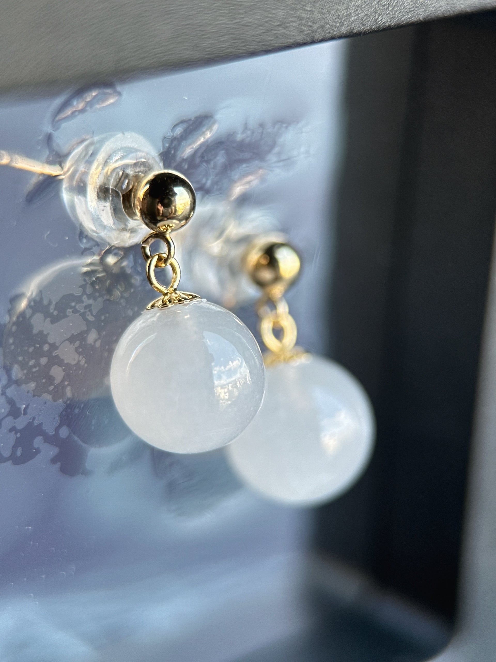 Icy White Jade Bead Earring with 18K Yellow Gold