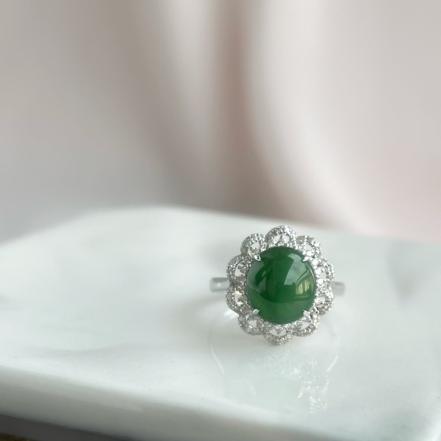 70388 17mm Green Jadeite Cabochon with 18K White Gold and Diamonds