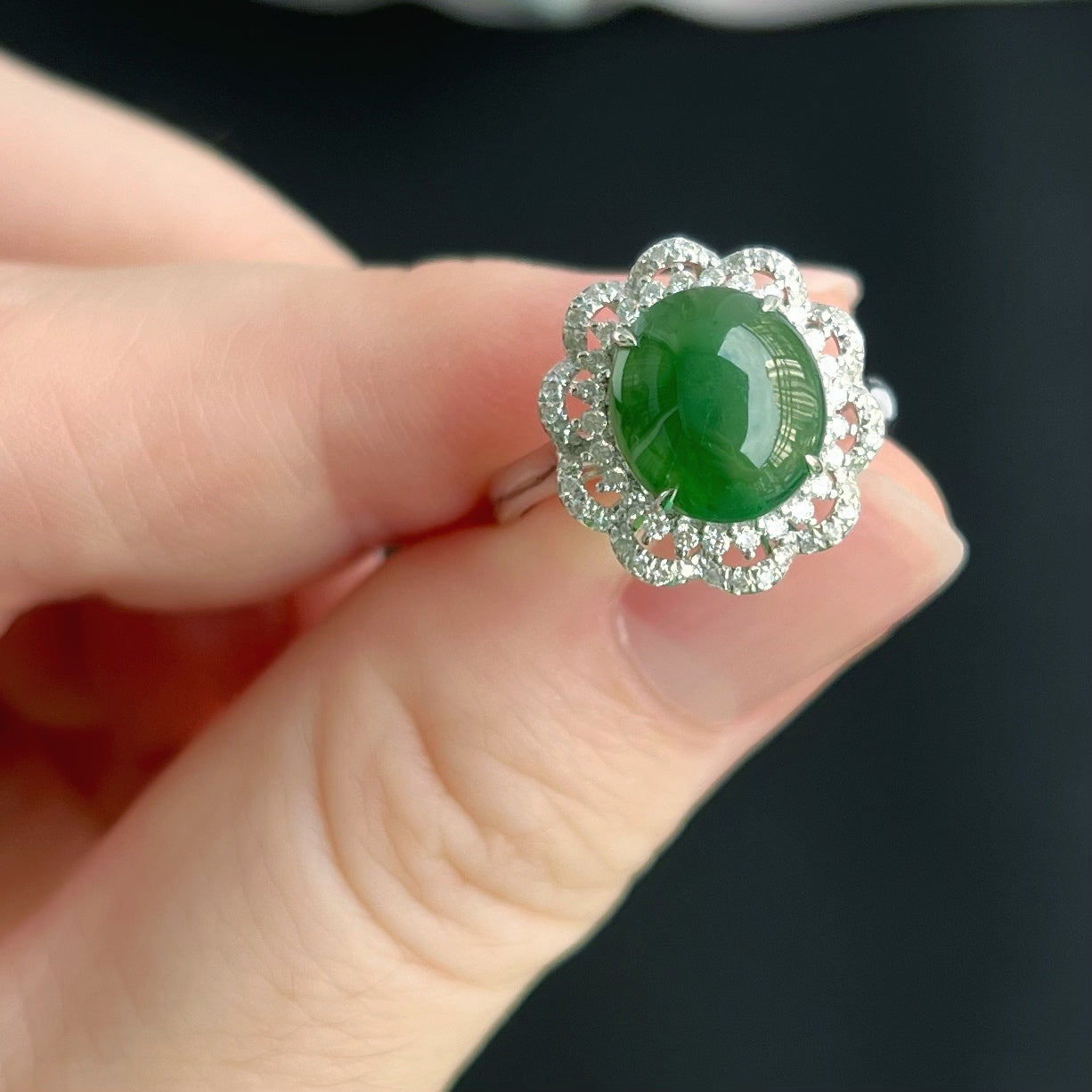 70388 17mm Green Jadeite Cabochon with 18K White Gold and Diamonds