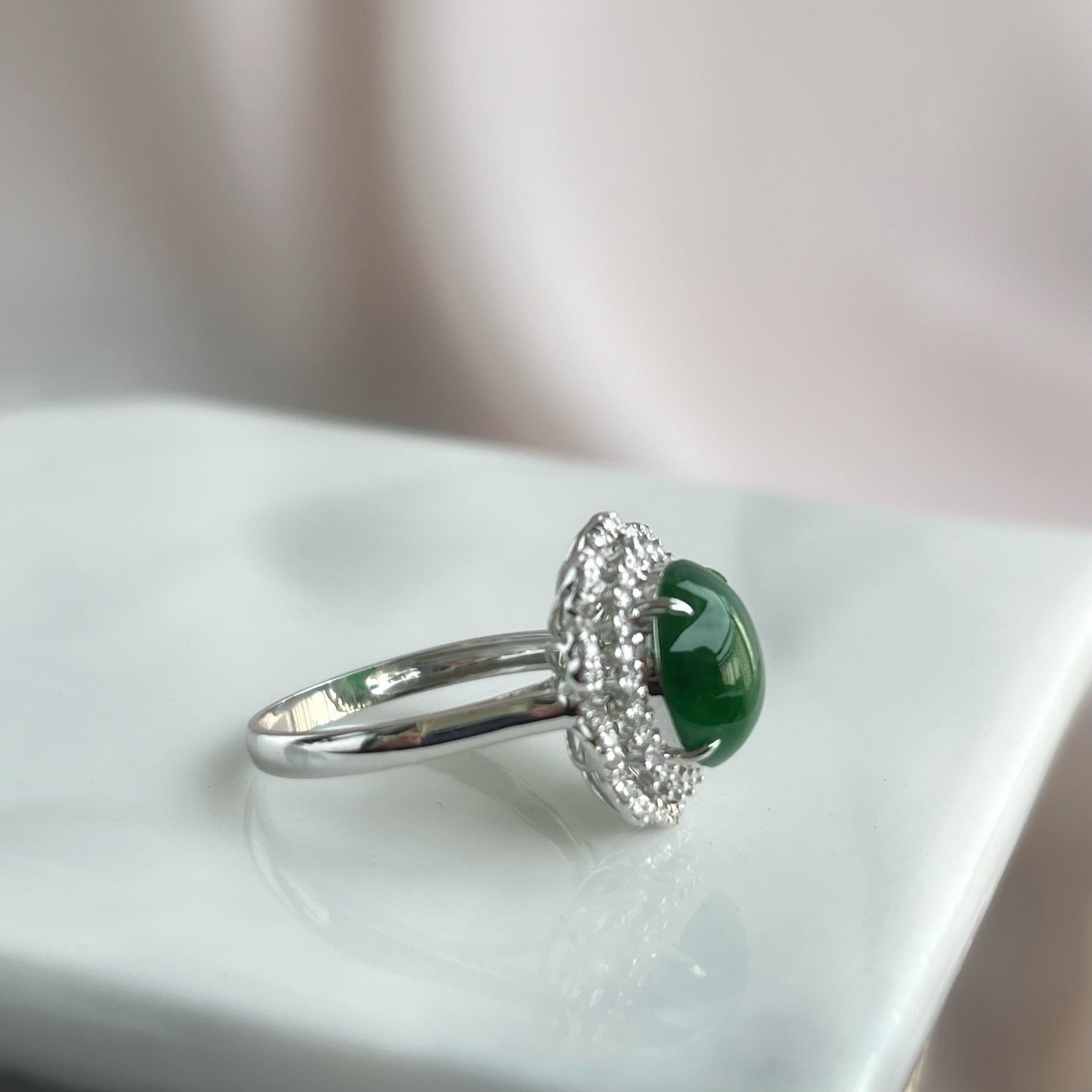 70388 17mm Green Jadeite Cabochon with 18K White Gold and Diamonds